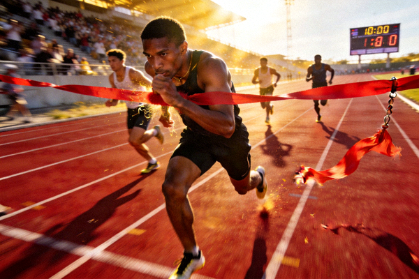 田径比赛百米冲刺冲线瞬间